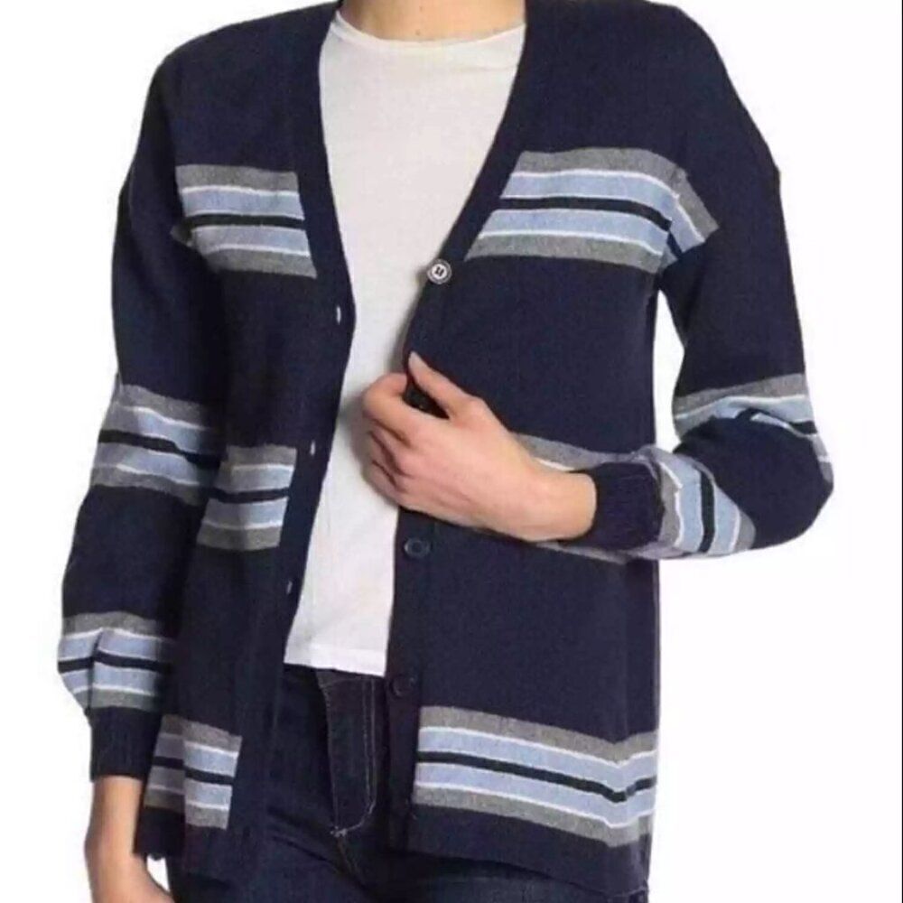 NWT Democracy Blue Striped Alpaca Blend Cardigan in Navy | Size S